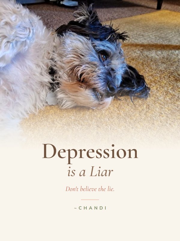 Depression is a Liar by Chandi: cover with Posco the dog resting his head on a rug