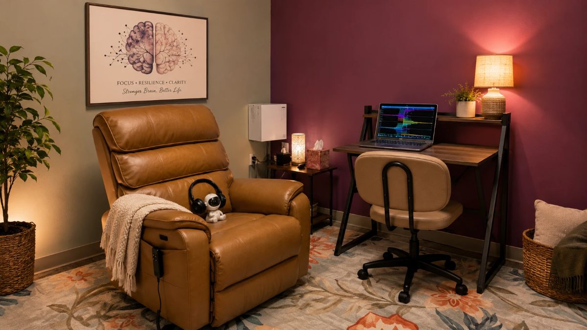 Neurofeedback room with a leather recliner, headphones and a laptop showing brainwave activity